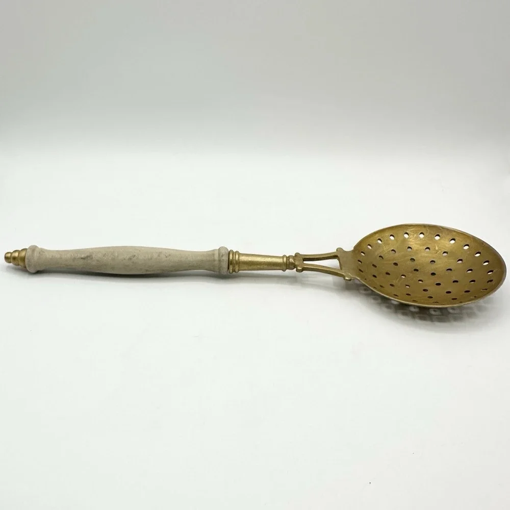 Vintage Metal Skimmer Slotted Spoon Ladle Utensil Wood Handle